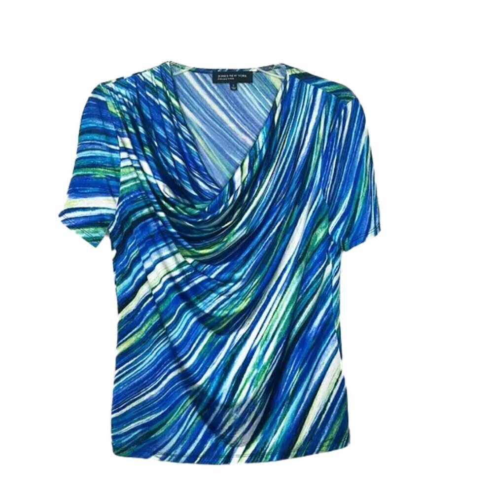 ❤️ 🆕 JONES NEW YORK MIDNIGHT BLUE SHORT SLEEVE TOP, DRAPE NECKLINE small